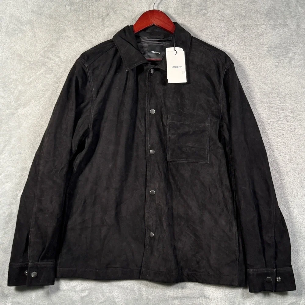 Theory Suede Leather Overshirt Mens L Black Reece SB Snap Front Jacket
